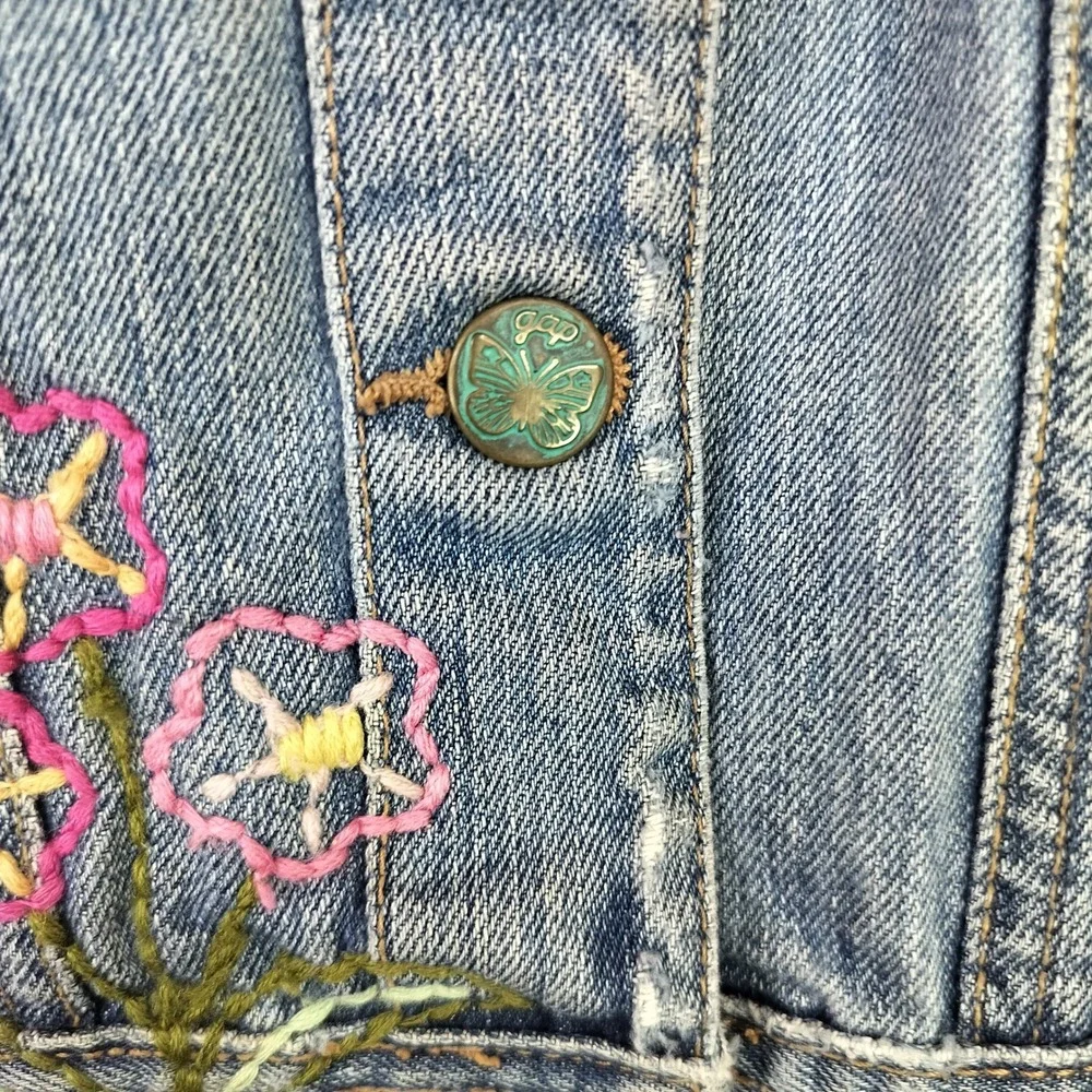 Gap Denim Jacket XL Girls Embroidered Floral Dragonfly Distressed
